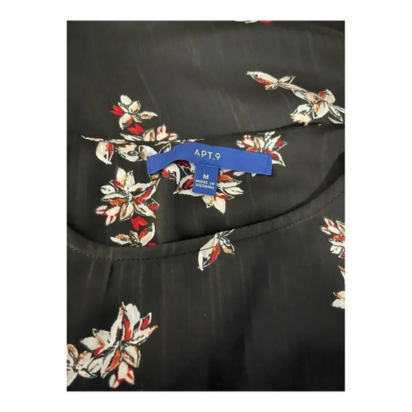 Apt. 9 Women’s Medium 3/4 Sleeve Black Ruffle Satin Floral Top - Picture 5 of 5